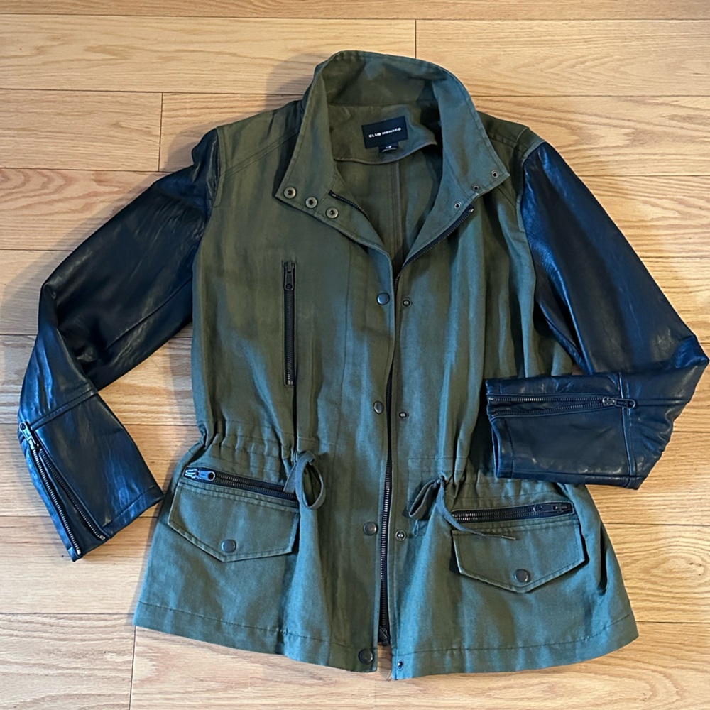 Club Monaco Olive Green Field Jacket with Black Leather Sleeves
